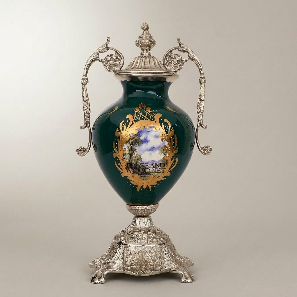 Rococo Brass-Mounted Ceramic Lidded Urn Vase with Hand-Painted Landscape Medallion — Silver