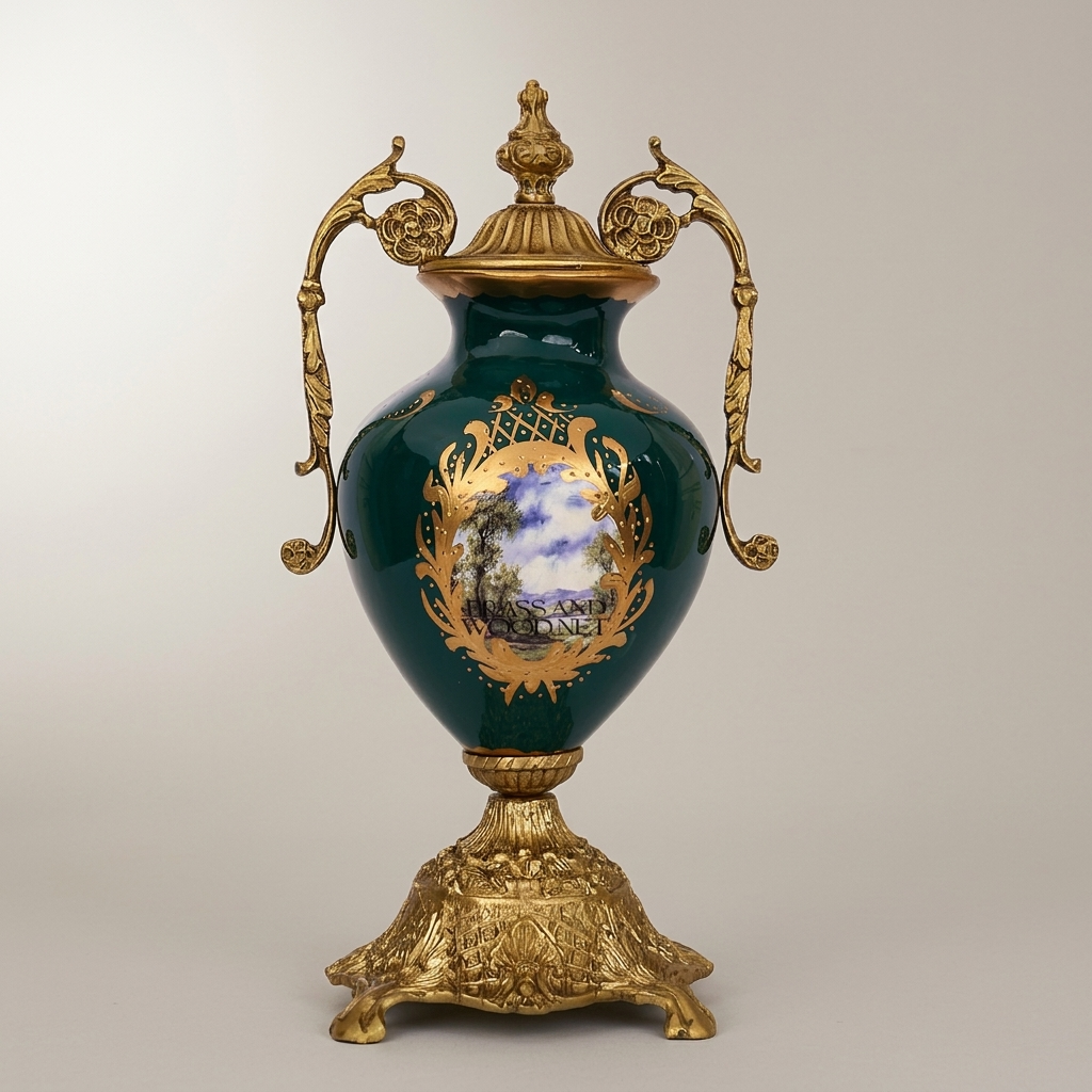 Rococo Brass-Mounted Ceramic Lidded Urn Vase with Hand-Painted Landscape Medallion — Antique Gold