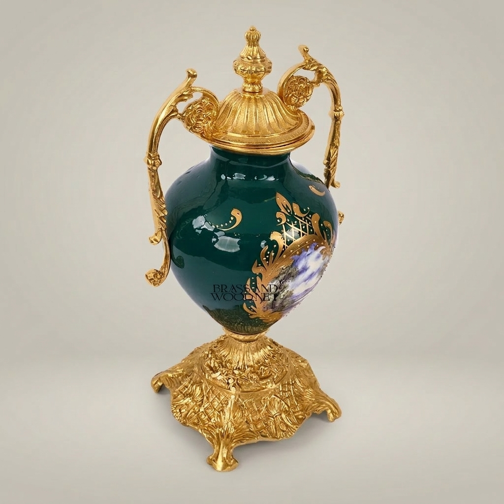 Rococo Brass-Mounted Ceramic Lidded Urn Vase with Hand-Painted Landscape Medallion