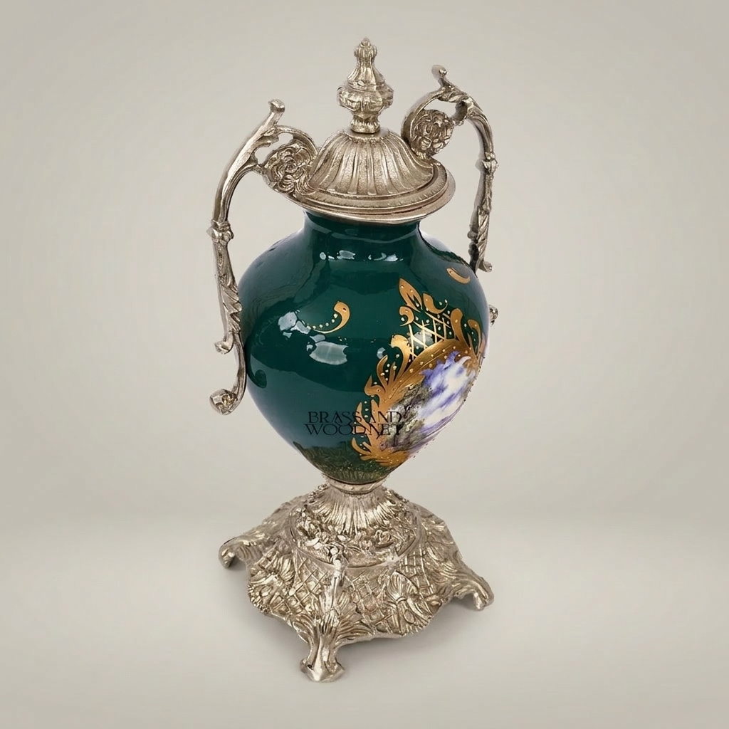 Rococo Brass-Mounted Ceramic Lidded Urn Vase with Hand-Painted Landscape Medallion — Silver