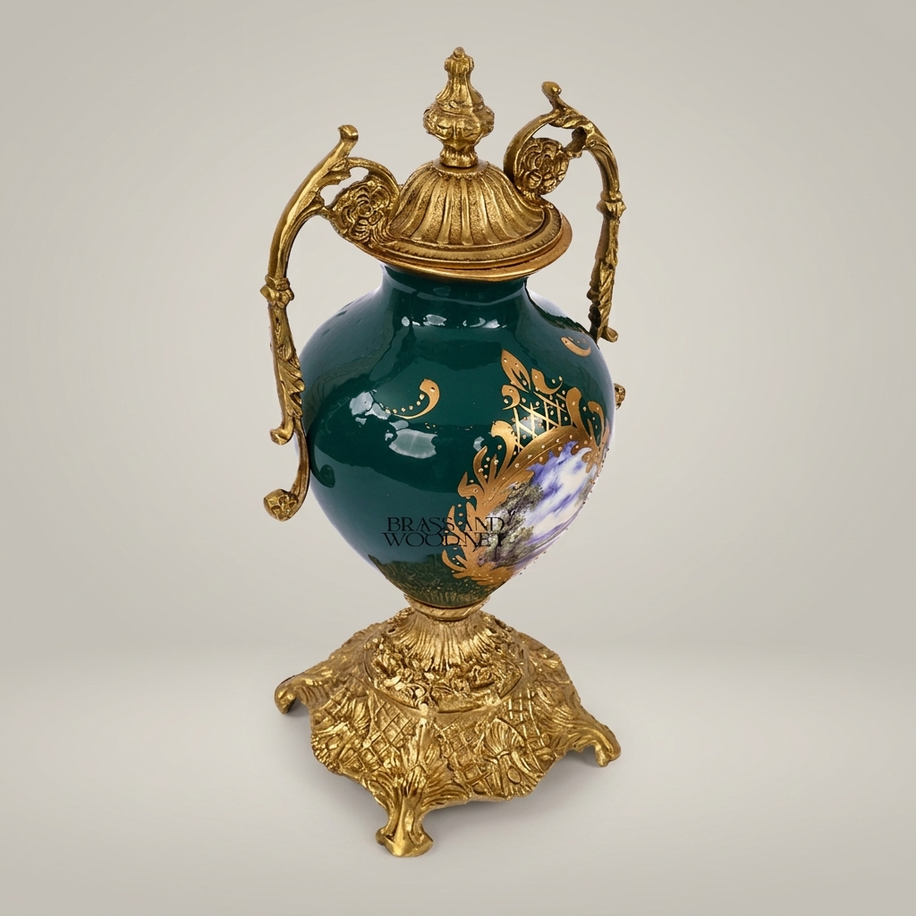 Rococo Brass-Mounted Ceramic Lidded Urn Vase with Hand-Painted Landscape Medallion — Antique Gold