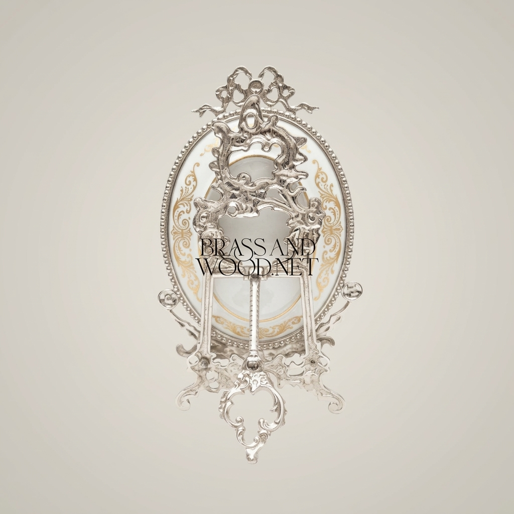 Rococo Brass Oval Decorative Plate Stand with Fête Galante Scene & Ribbon Crest — Silver