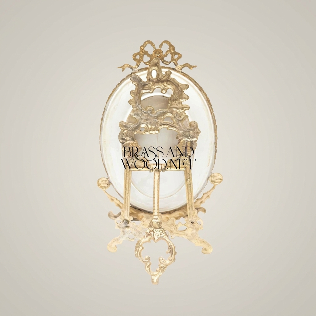 Rococo Brass Oval Decorative Plate Stand with Fête Galante Scene & Ribbon Crest — Antique Gold