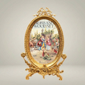 Rococo Brass Oval Decorative Plate Stand with Fête Galante Scene & Ribbon Crest — Gold