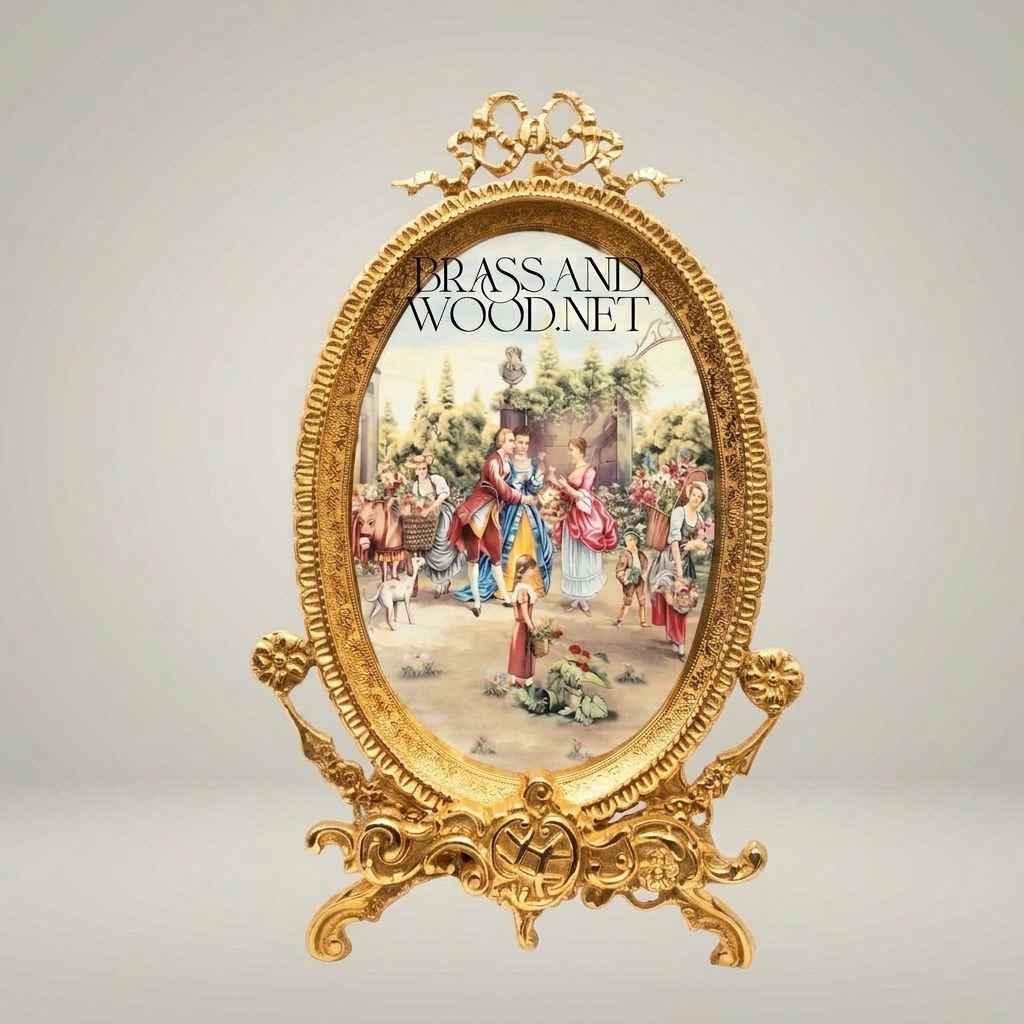 Rococo Brass Oval Decorative Plate Stand with Fête Galante Scene & Ribbon Crest — Gold