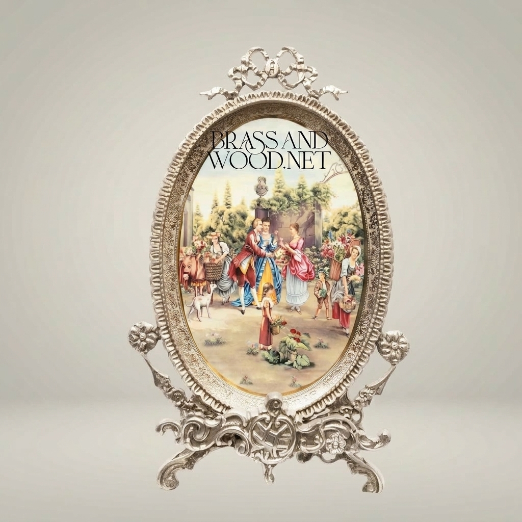 Rococo Brass Oval Decorative Plate Stand with Fête Galante Scene & Ribbon Crest — Silver