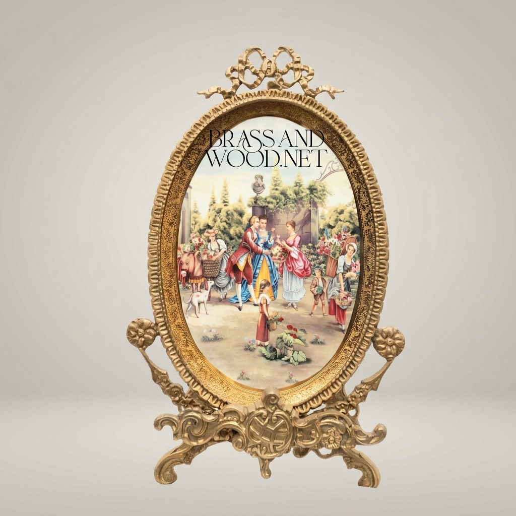Rococo Brass Oval Decorative Plate Stand with Fête Galante Scene & Ribbon Crest — Antique Gold