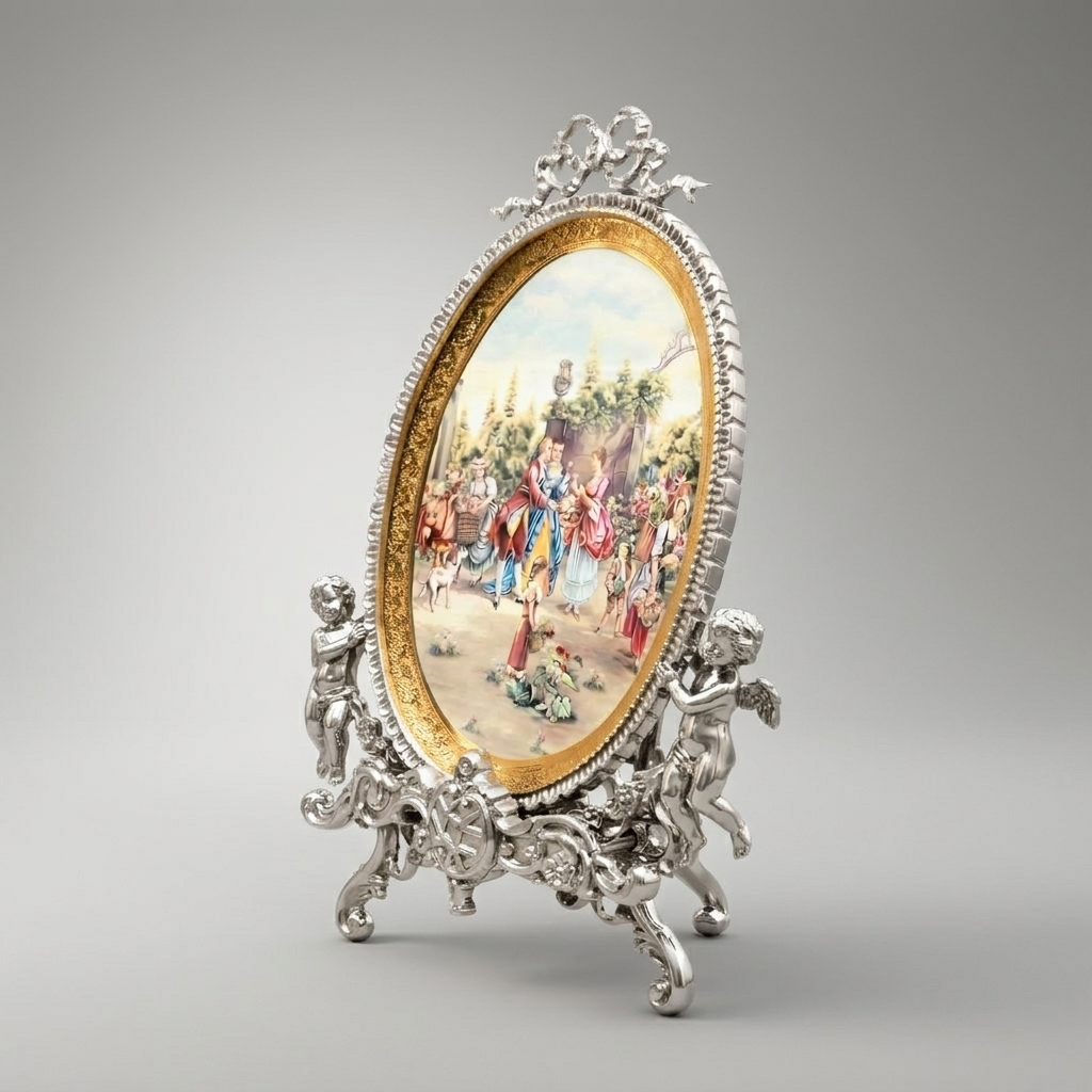 Rococo Brass Oval Decorative Plate Stand with Fête Galante Scene & Ribbon Crest — Silver