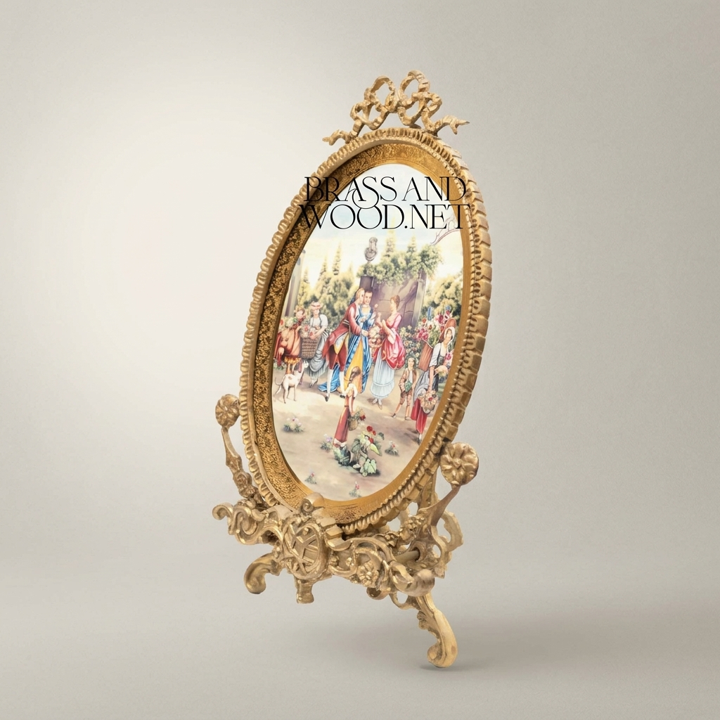 Rococo Brass Oval Decorative Plate Stand with Fête Galante Scene & Ribbon Crest — Antique Gold