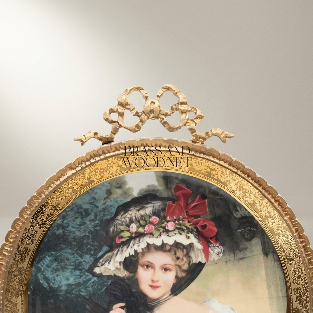 Rococo Brass Oval Decorative Plate Stand - Floral Garland & Bow Crest — Antique Gold