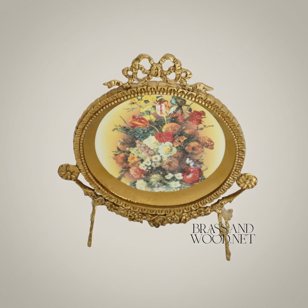 Rococo Brass Oval Decorative Plate Stand with Floral Art Print & Bow Crest — Antique Gold