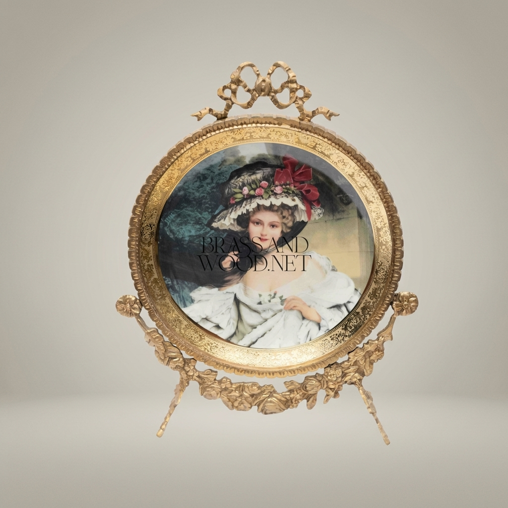 Rococo Brass Oval Decorative Plate Stand - Floral Garland & Bow Crest — Antique Gold