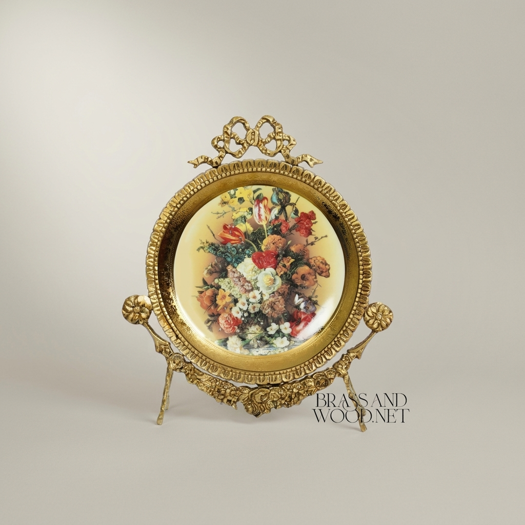 Rococo Brass Oval Decorative Plate Stand with Floral Art Print & Bow Crest — Antique Gold