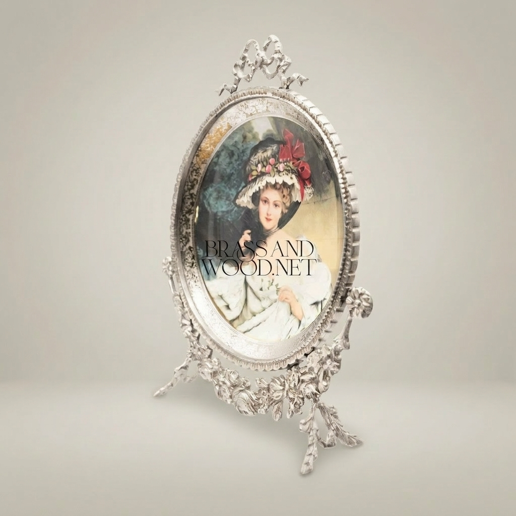 Rococo Brass Oval Decorative Plate Stand - Floral Garland & Bow Crest — Silver