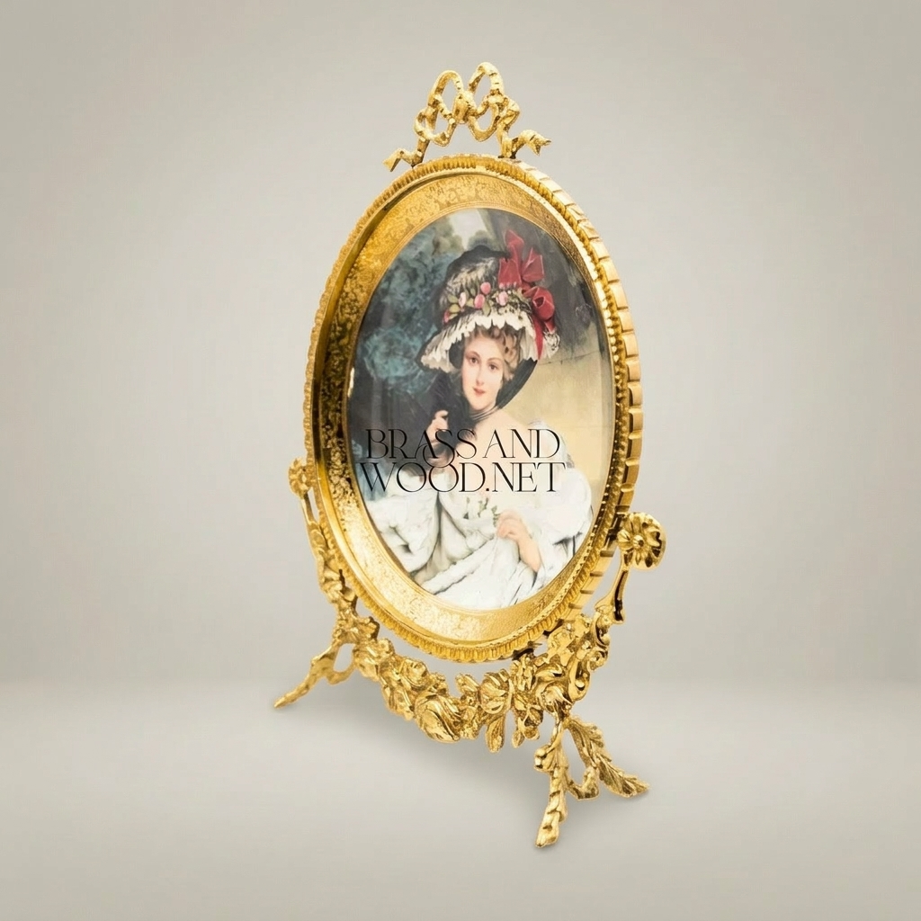 Rococo Brass Oval Decorative Plate Stand - Floral Garland & Bow Crest — Gold