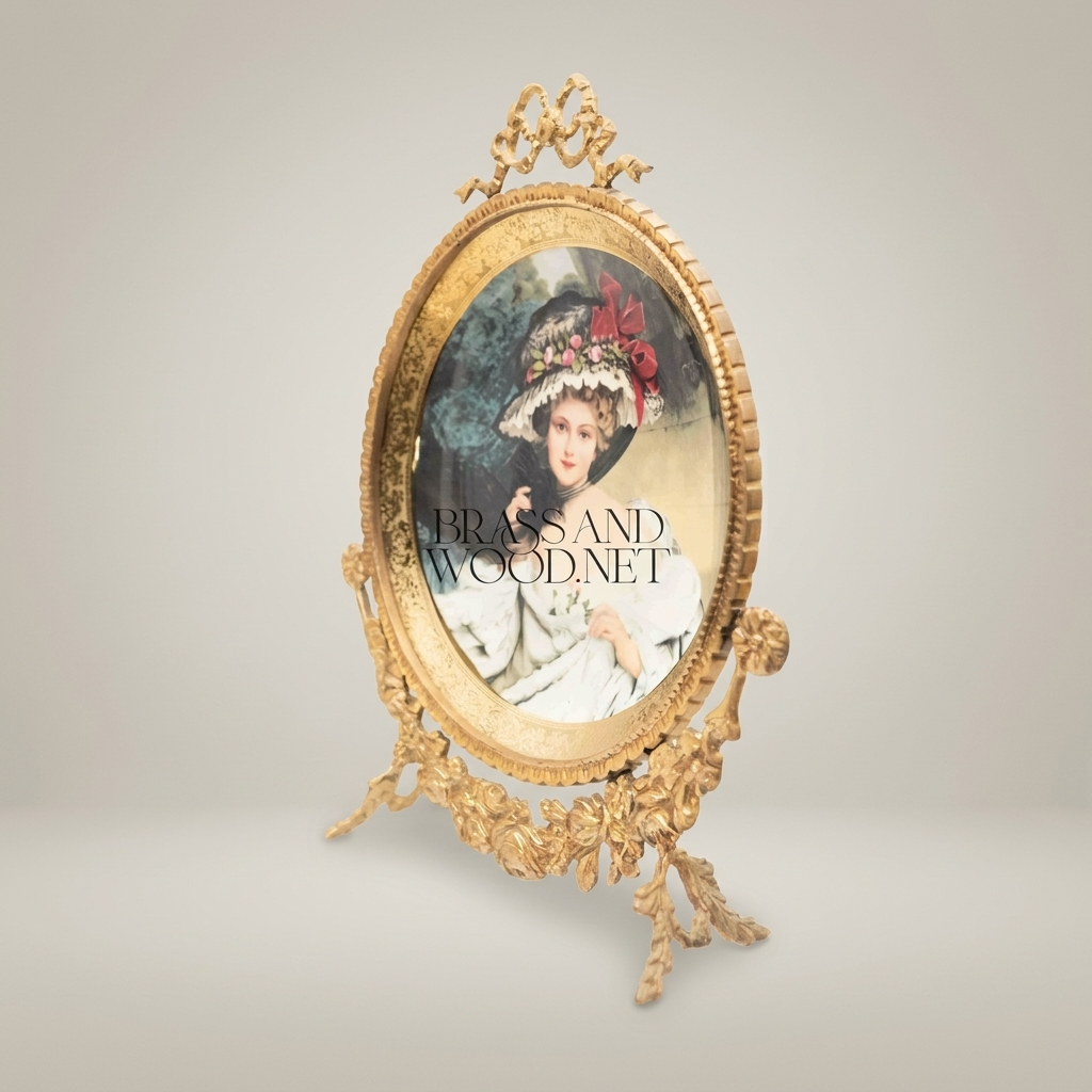 Rococo Brass Oval Decorative Plate Stand - Floral Garland & Bow Crest — Antique Gold