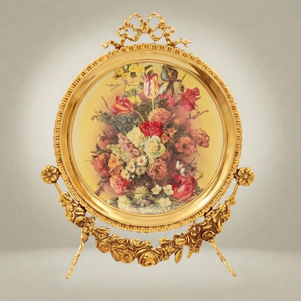 Rococo Brass Oval Decorative Plate Stand with Floral Art Print & Bow Crest — Gold