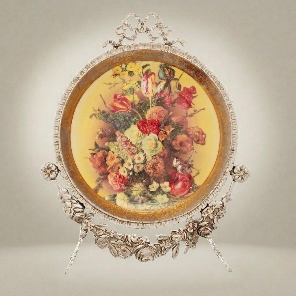 Rococo Brass Oval Decorative Plate Stand with Floral Art Print & Bow Crest — Silver