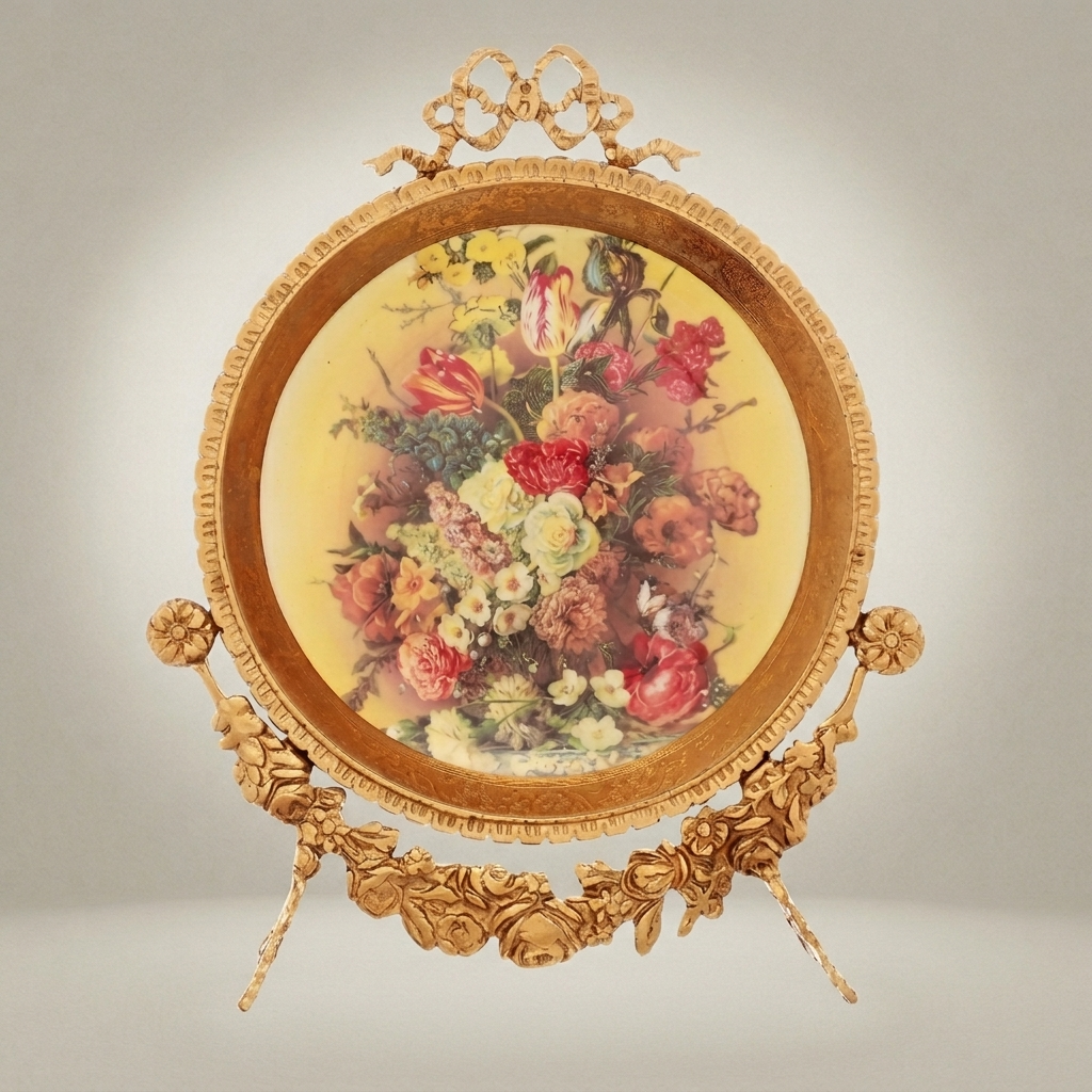 Rococo Brass Oval Decorative Plate Stand with Floral Art Print & Bow Crest — Antique Gold