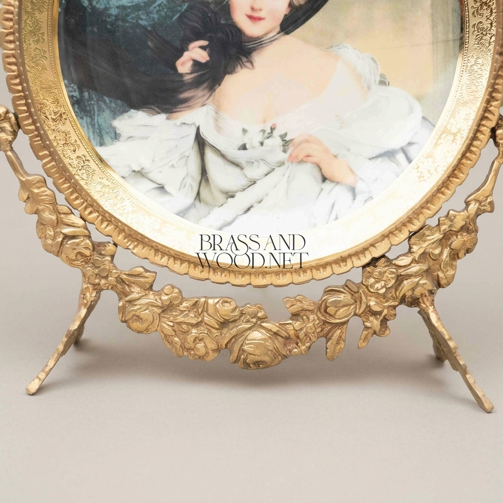 Rococo Brass Oval Decorative Plate Stand - Floral Garland & Bow Crest — Antique Gold