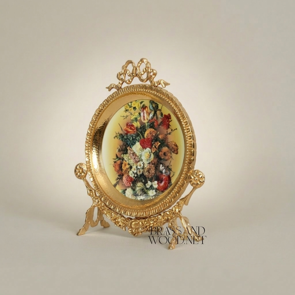 Rococo Brass Oval Decorative Plate Stand with Floral Art Print & Bow Crest — Gold