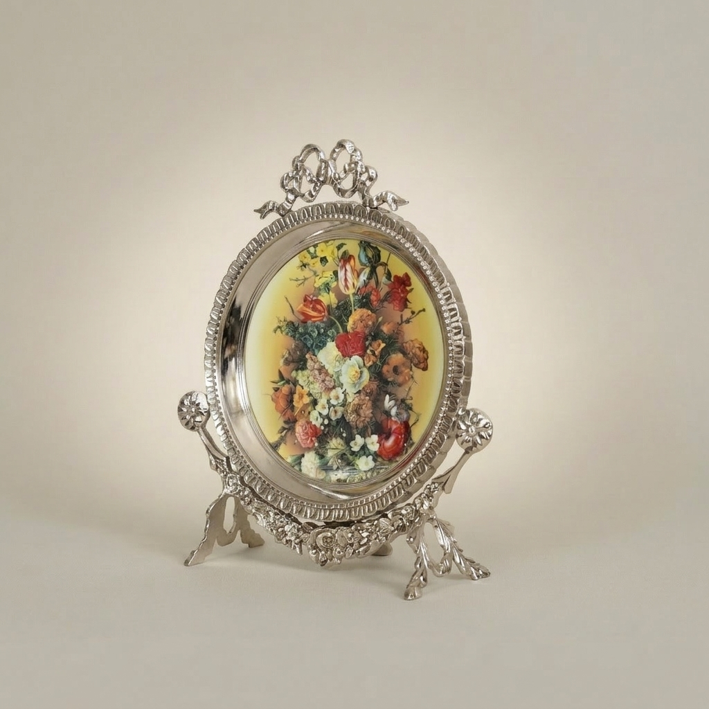 Rococo Brass Oval Decorative Plate Stand with Floral Art Print & Bow Crest — Silver