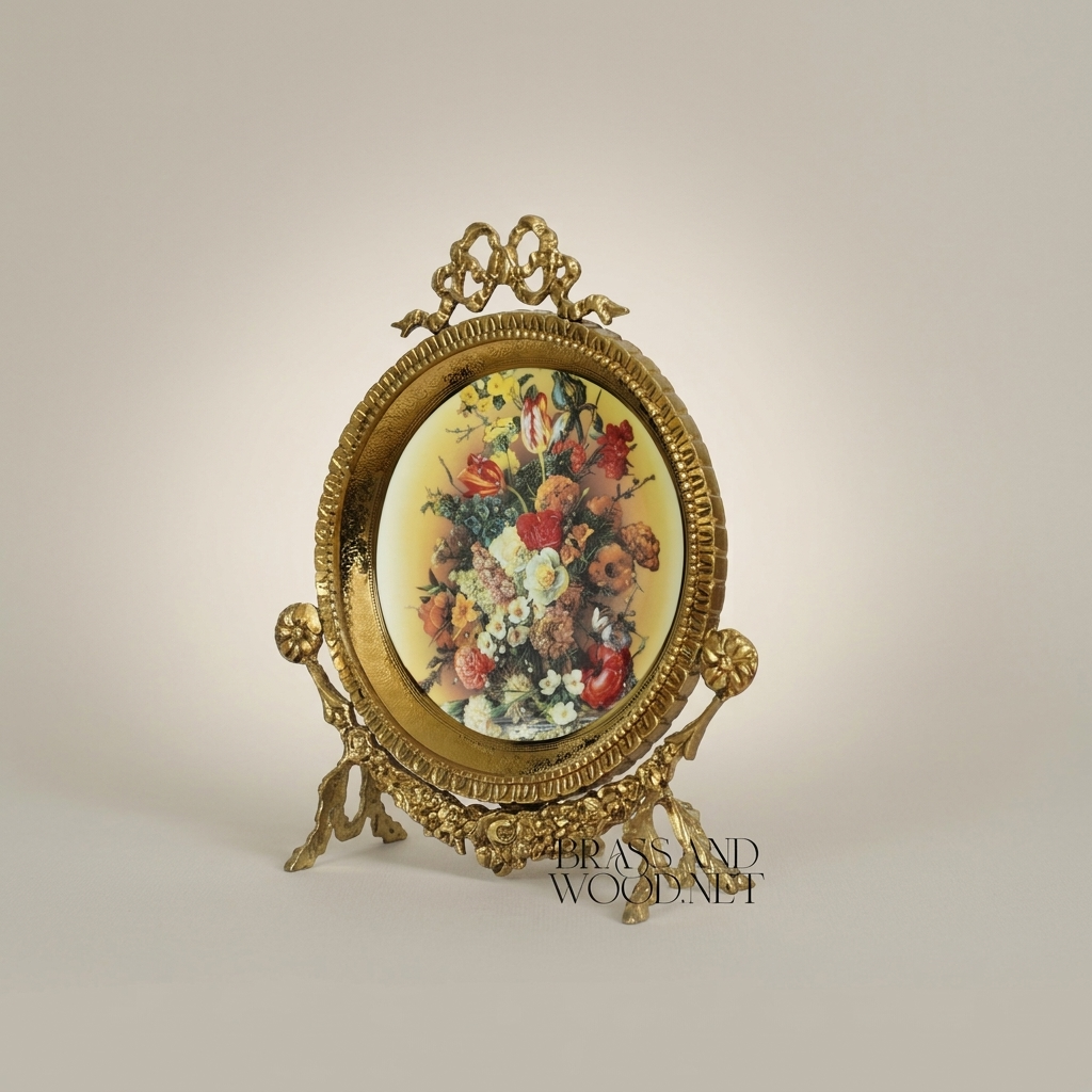 Rococo Brass Oval Decorative Plate Stand with Floral Art Print & Bow Crest — Antique Gold