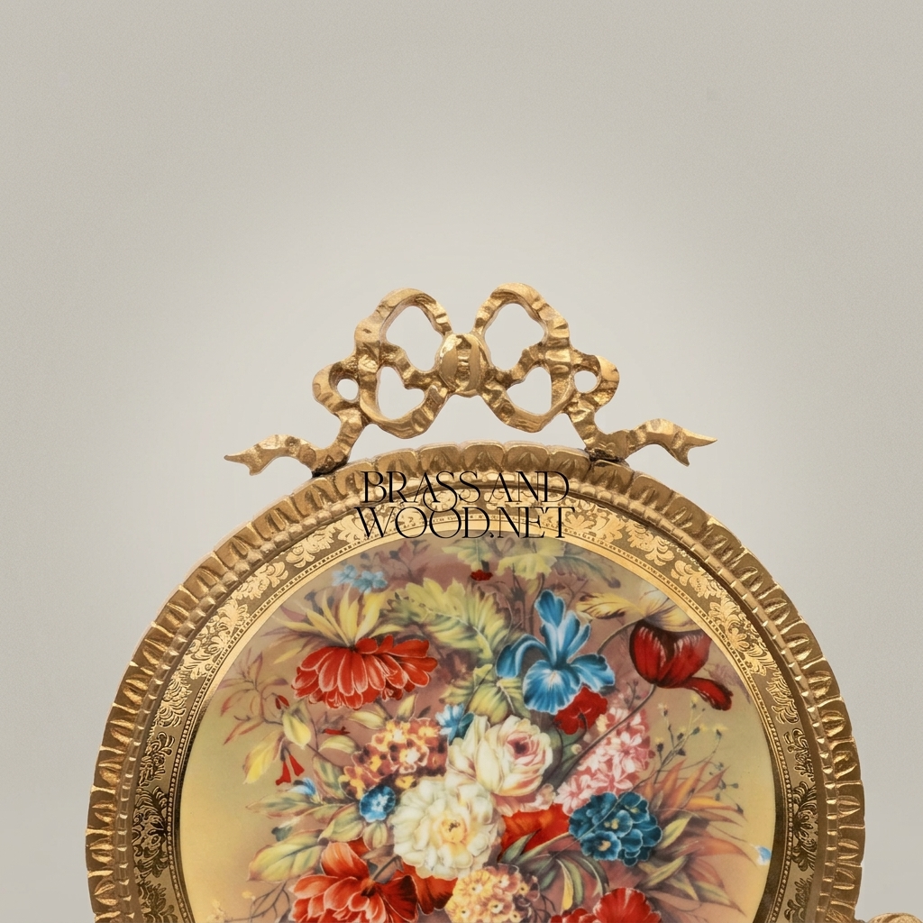 Rococo Brass Oval Decorative Plate on Stand - Hand-Painted Floral Bouquet with Ribbon Crown — Antique Gold