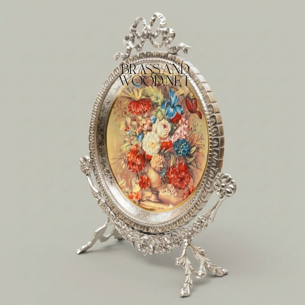 Rococo Brass Oval Decorative Plate on Stand - Hand-Painted Floral Bouquet with Ribbon Crown — Silver