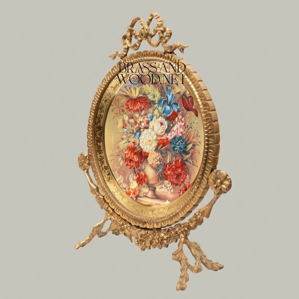 Rococo Brass Oval Decorative Plate on Stand - Hand-Painted Floral Bouquet with Ribbon Crown — Antique Gold