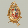 Rococo Brass Oval Decorative Plate on Stand - Hand-Painted Floral Bouquet with Ribbon Crown — Gold