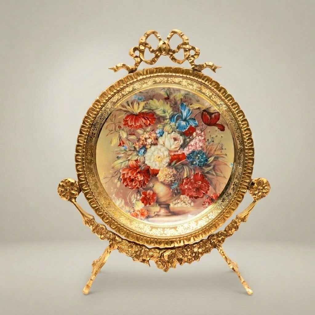 Rococo Brass Oval Decorative Plate on Stand - Hand-Painted Floral Bouquet with Ribbon Crown — Gold