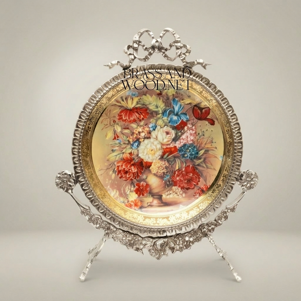 Rococo Brass Oval Decorative Plate on Stand - Hand-Painted Floral Bouquet with Ribbon Crown — Silver