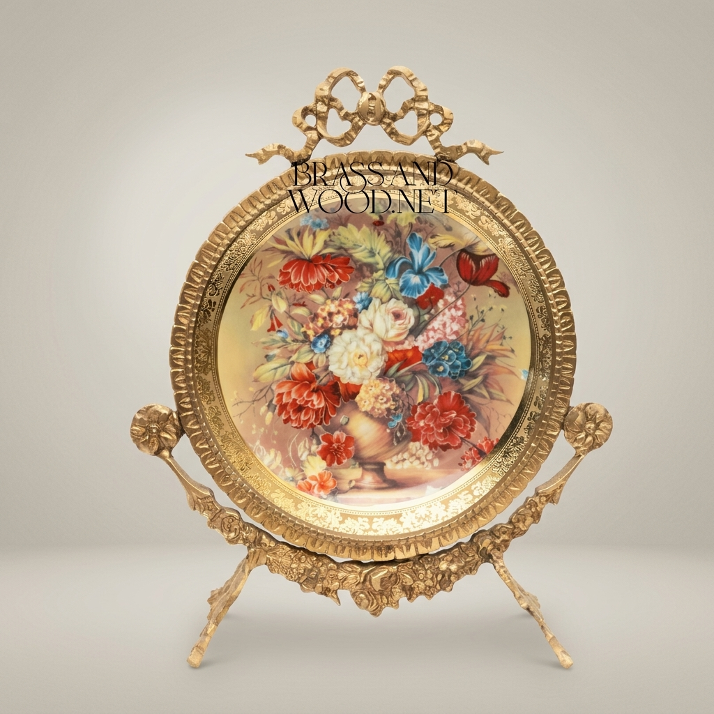 Rococo Brass Oval Decorative Plate on Stand - Hand-Painted Floral Bouquet with Ribbon Crown — Antique Gold