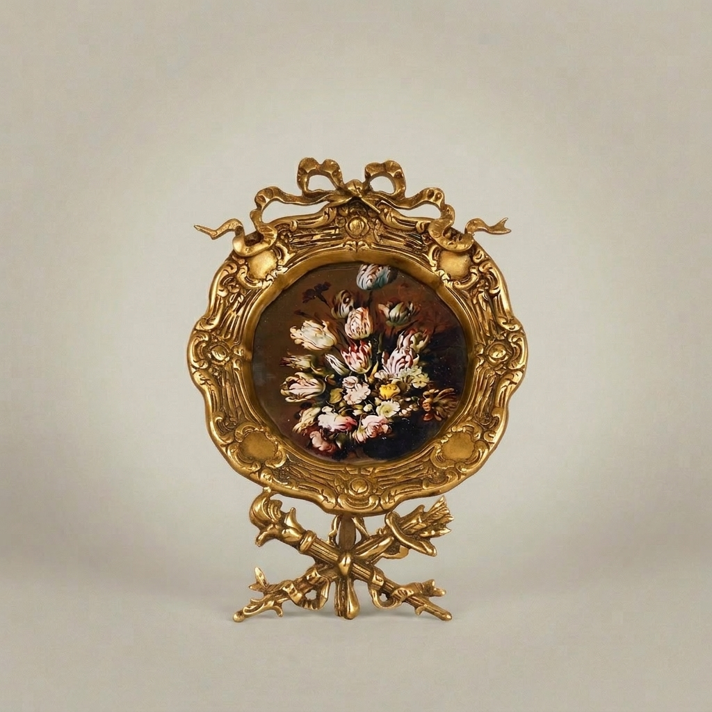 Rococo Brass Oval Decorative Stand Plate - Ribbon & Rocaille Floral Frame