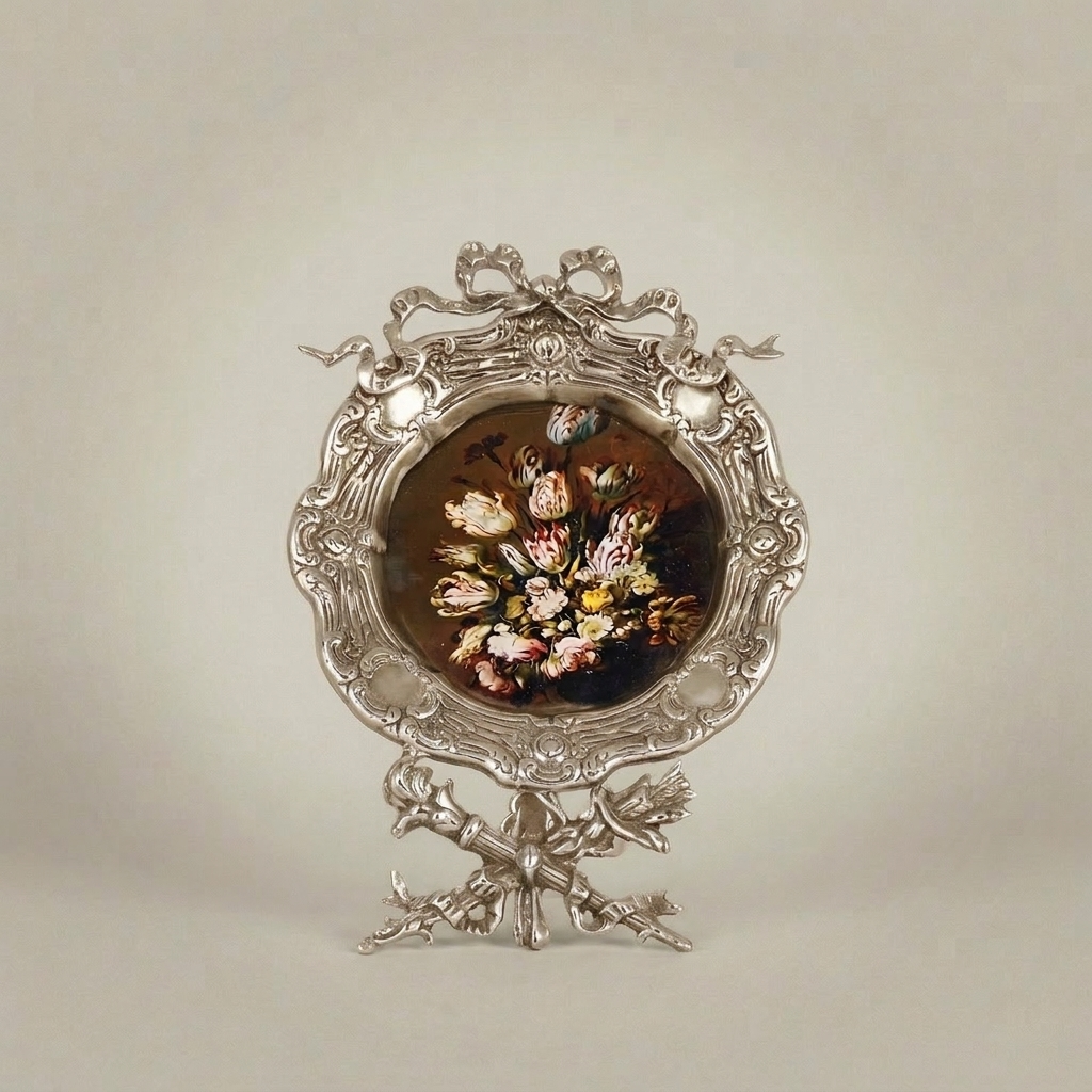 Rococo Brass Oval Decorative Stand Plate - Ribbon & Rocaille Floral Frame — Silver