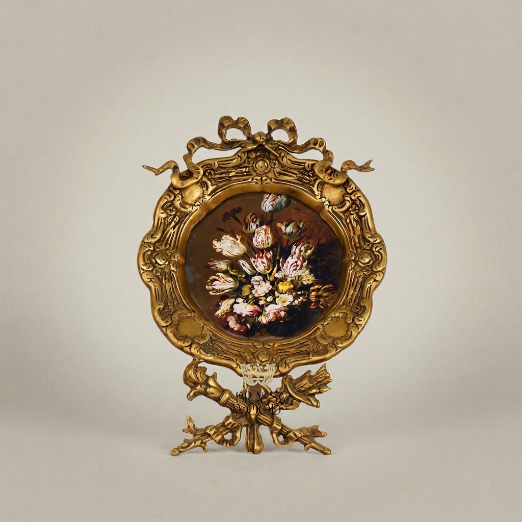 Rococo Brass Oval Decorative Stand Plate - Ribbon & Rocaille Floral Frame — Antique Gold