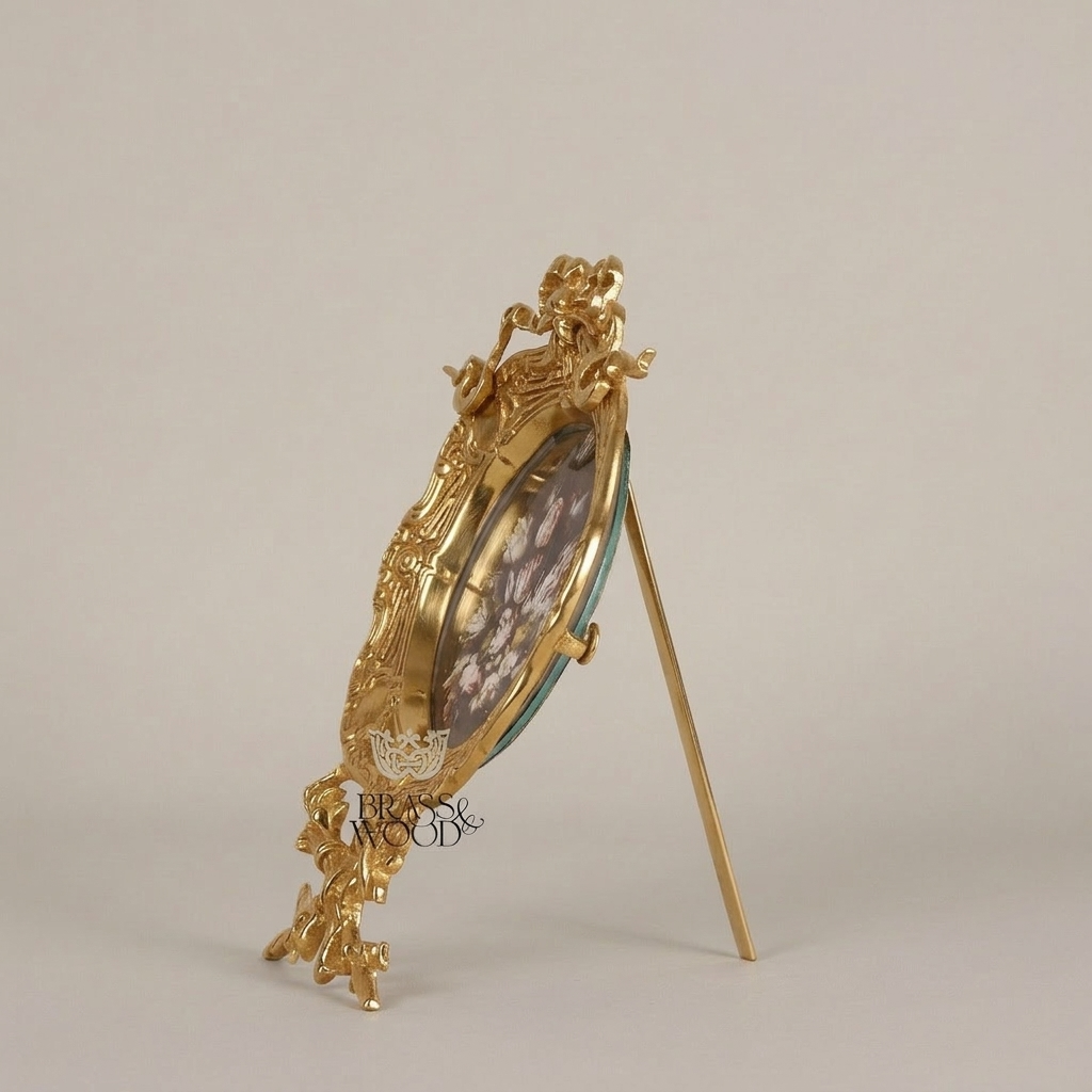 Rococo Brass Oval Decorative Stand Plate - Ribbon & Rocaille Floral Frame — Gold
