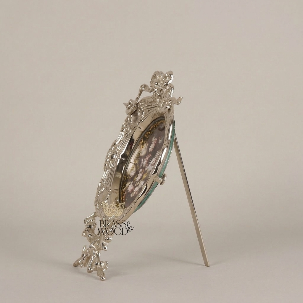 Rococo Brass Oval Decorative Stand Plate - Ribbon & Rocaille Floral Frame — Silver