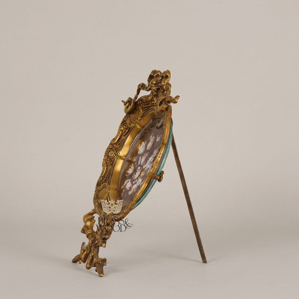Rococo Brass Oval Decorative Stand Plate - Ribbon & Rocaille Floral Frame — Antique Gold