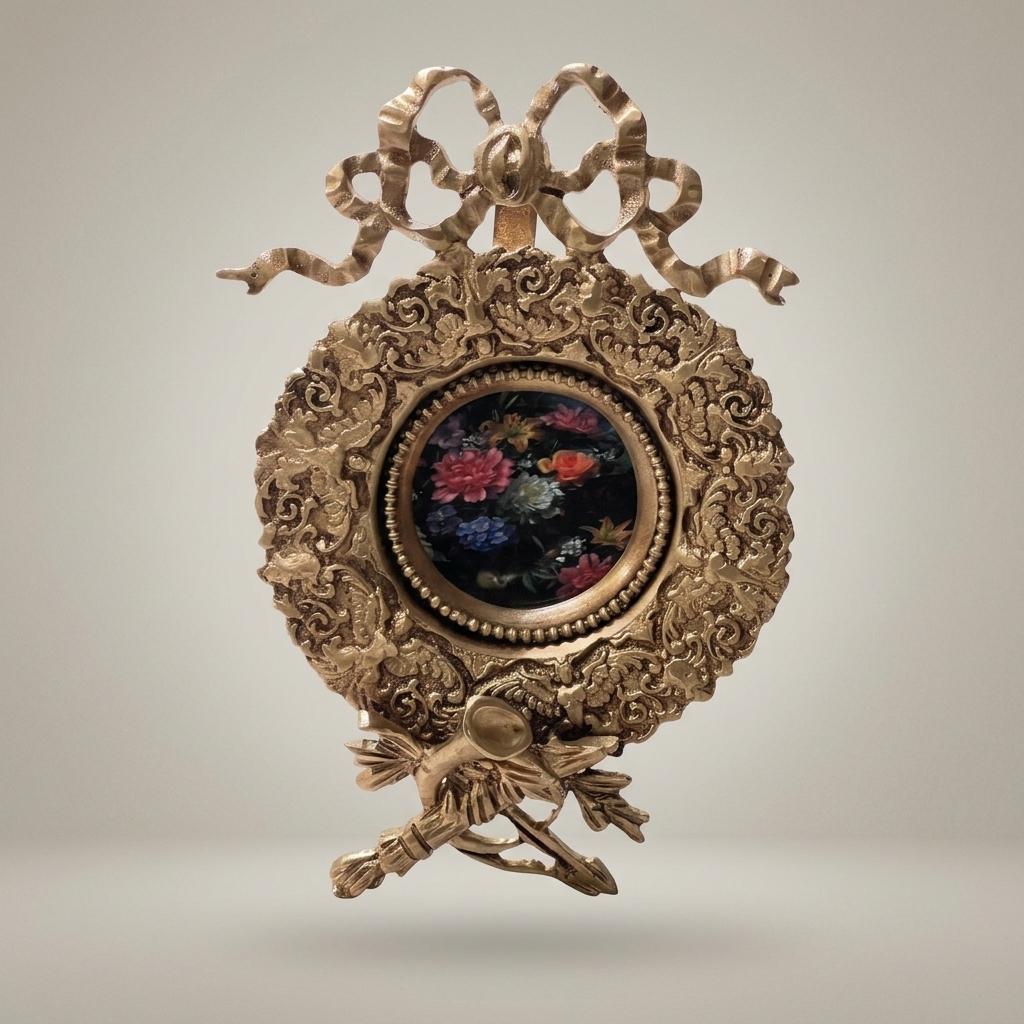 Rococo Brass Oval Frame Display Plate with Bow Crest & Hand-Painted Floral Medallion — Antique Gold