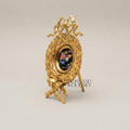 Rococo Brass Oval Frame Display Plate with Bow Crest & Hand-Painted Floral Medallion — Gold