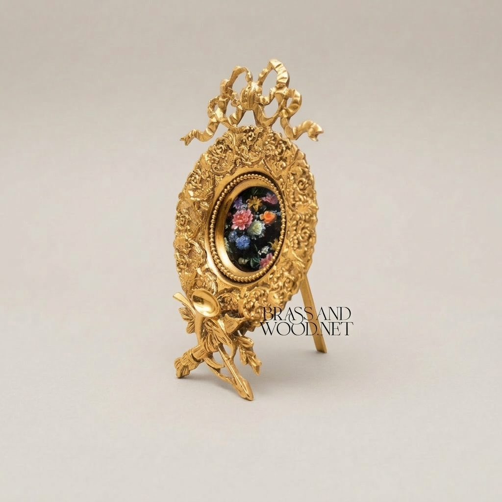 Rococo Brass Oval Frame Display Plate with Bow Crest & Hand-Painted Floral Medallion — Gold