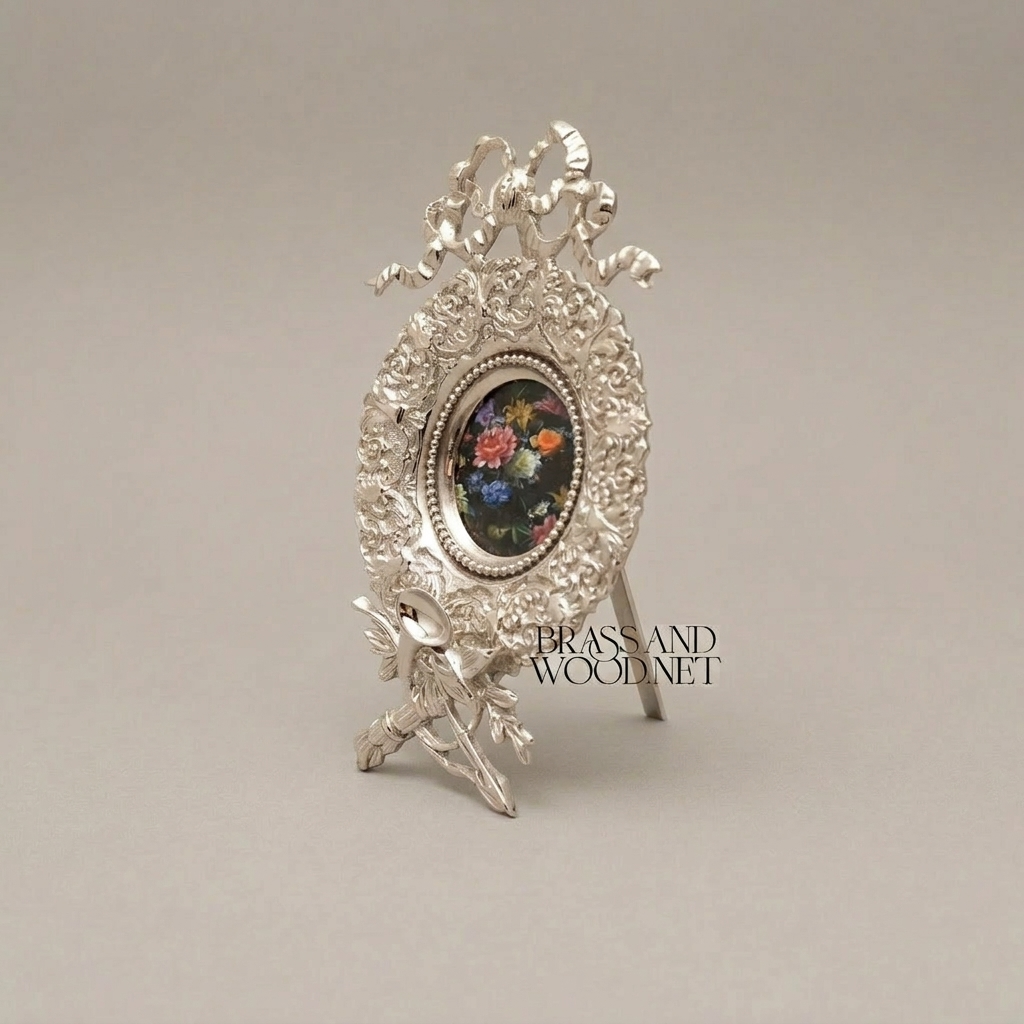 Rococo Brass Oval Frame Display Plate with Bow Crest & Hand-Painted Floral Medallion — Silver