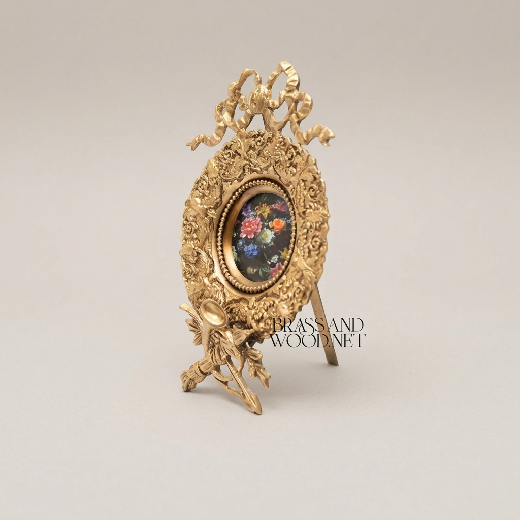 Rococo Brass Oval Frame Display Plate with Bow Crest & Hand-Painted Floral Medallion — Antique Gold
