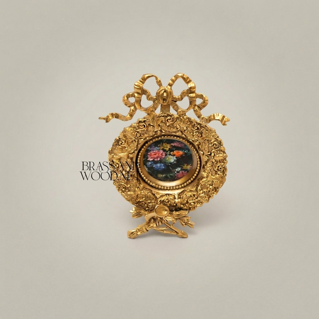 Rococo Brass Oval Frame Display Plate with Bow Crest & Hand-Painted Floral Medallion