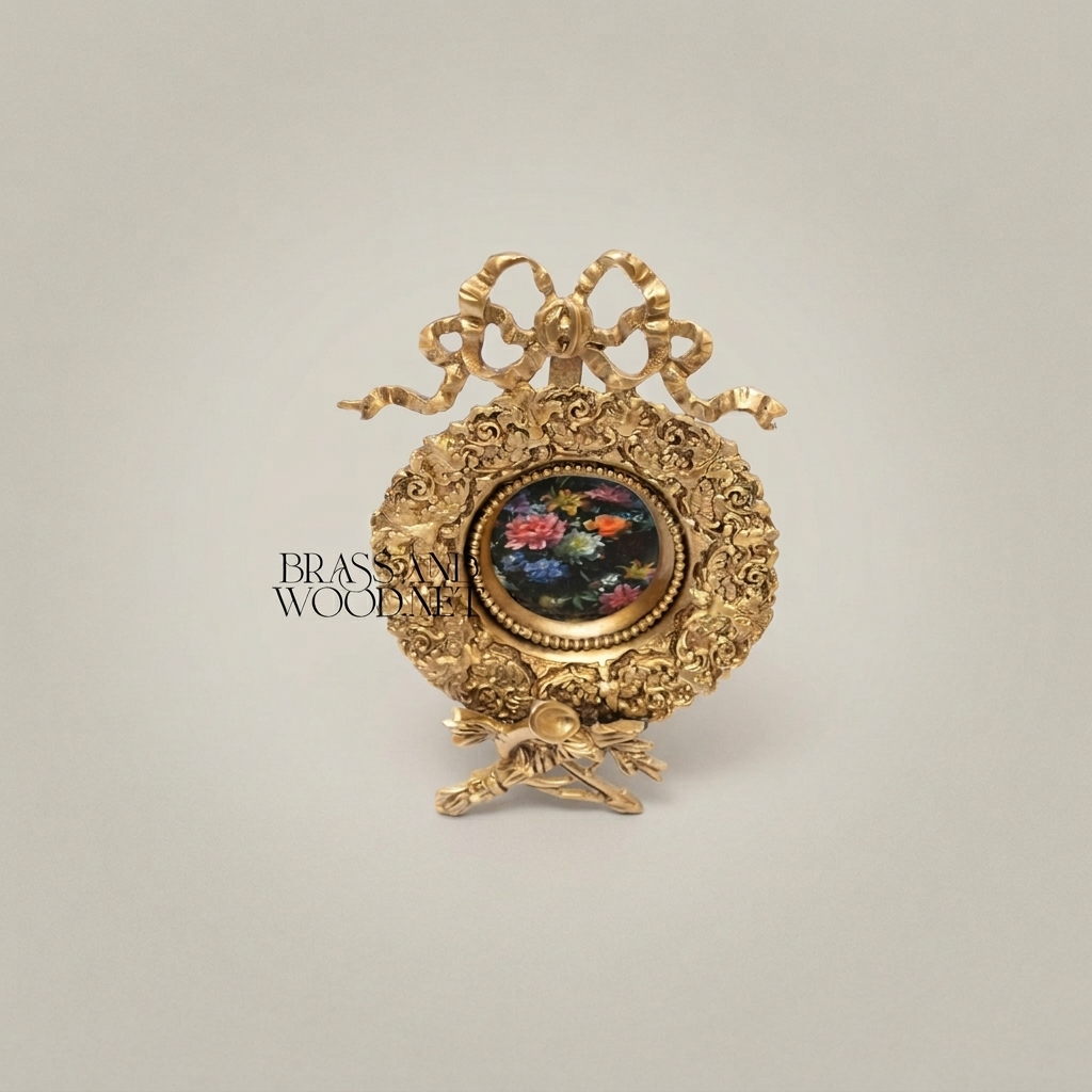 Rococo Brass Oval Frame Display Plate with Bow Crest & Hand-Painted Floral Medallion — Antique Gold