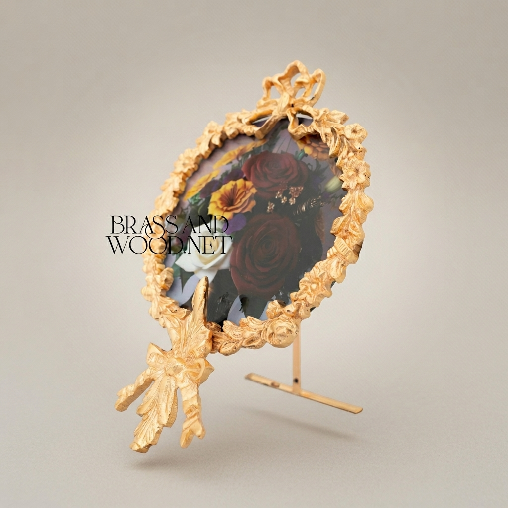 Rococo Brass Oval Photo Frame with Acanthus Wreath & Ribbon Crown on Easel Stand
