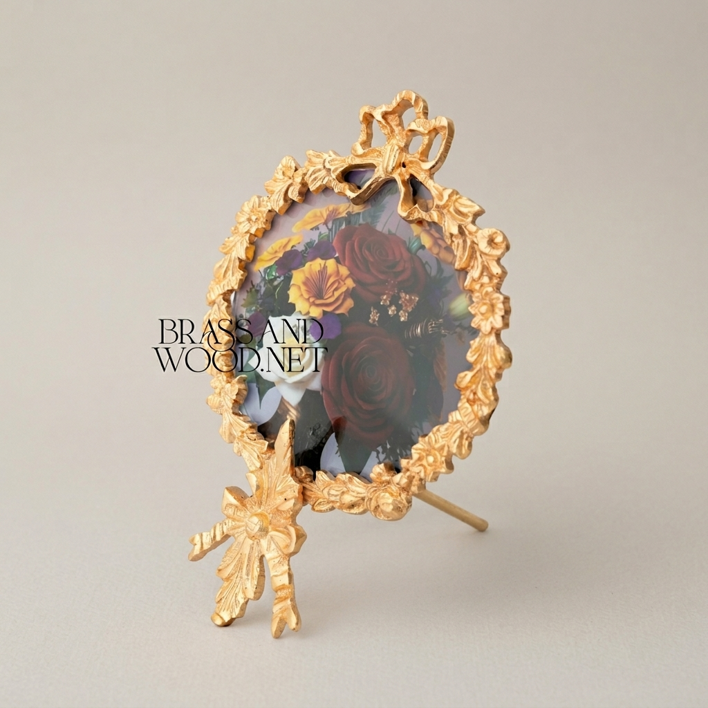 Rococo Brass Oval Photo Frame with Acanthus Wreath & Ribbon Crown on Easel Stand
