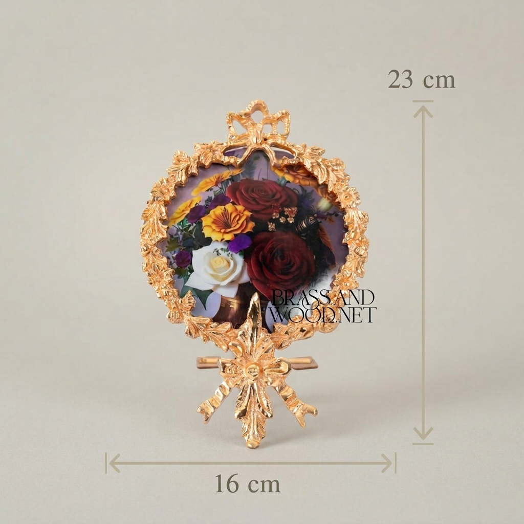 Rococo Brass Oval Photo Frame with Acanthus Wreath & Ribbon Crown on Easel Stand